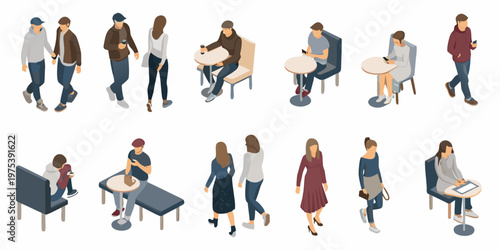 Isometric illustration of diverse people interacting in a public space