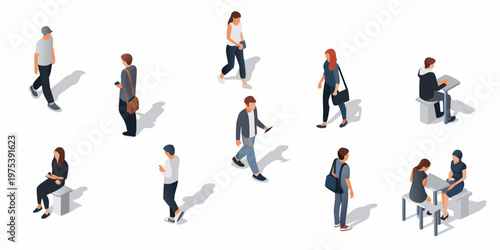 Isometric illustration of diverse people walking and interacting in a city