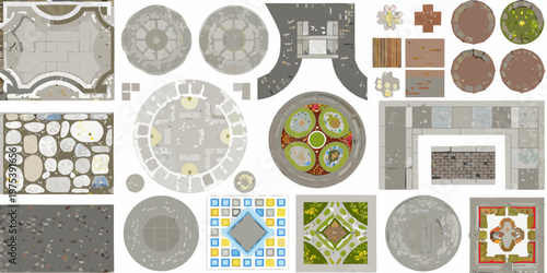 Assorted stylized game assets circular platforms tiles and decorative elements