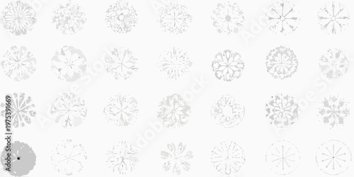 Collection of delicate grayscale snowflake illustrations arranged in a grid pattern