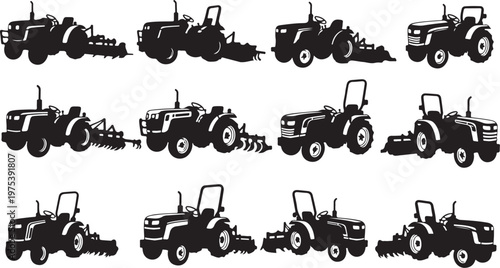 Tractor Silhouettes in Various Agricultural Settings and Positions