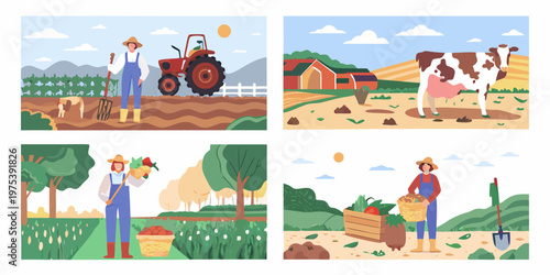 Four scenes depict a farmer s life planting harvesting and tending livestock