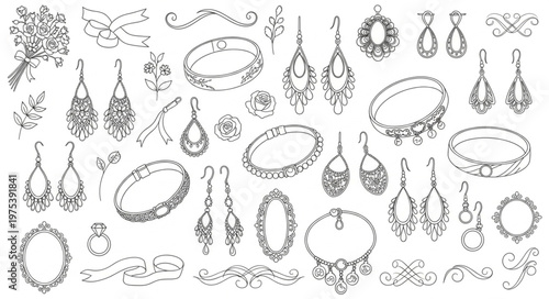 Elegant Jewelry Collection - A Detailed Black and White Illustration.