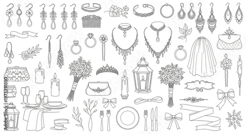 Elegant Jewelry Collection - A Detailed Black and White Illustration.