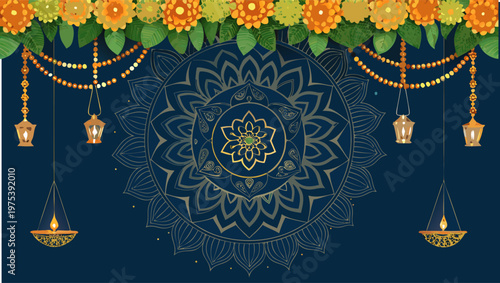 Festive Diwali Background with Gold Mandala, Hanging Oil Lamps, and Marigold Flower Garlands.eps