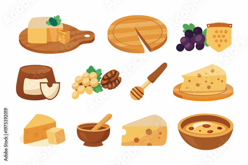 Assorted cheese honey and fruit arrangement in a cartoon style
