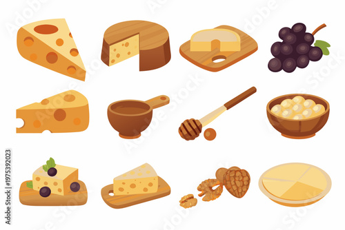 Assorted cheeses honey grapes and nuts in a colorful still life