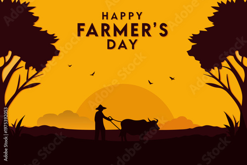 Happy farmer s day illustration with a farmer cow and sunset landscape