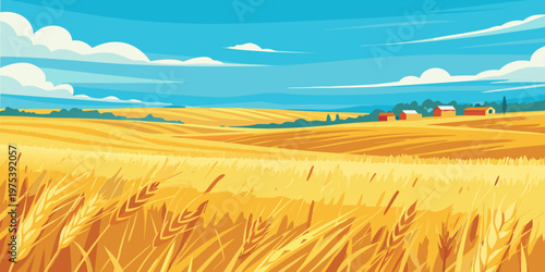 Golden wheat field under a bright blue sky with scattered clouds