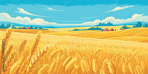 Golden wheat field under a bright blue sky with distant hills
