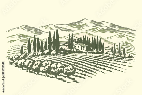 A vintage style illustration of a tuscan farmhouse amidst rolling hills