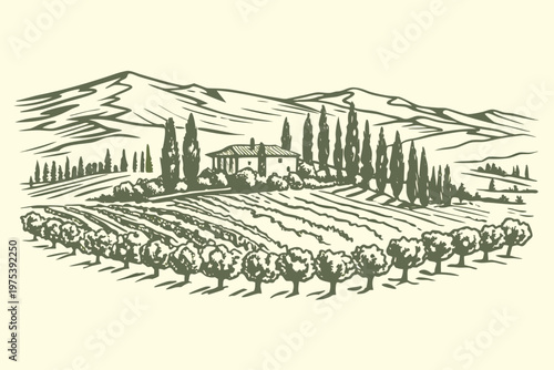 A serene landscape featuring a tuscan farmhouse among rolling hills