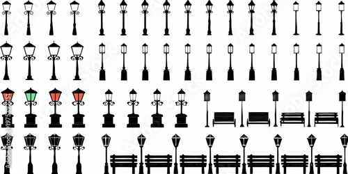 Collection of vintage street lamps and park benches in black and white