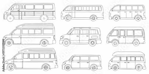 Line art illustration of various vintage and modern camper vans