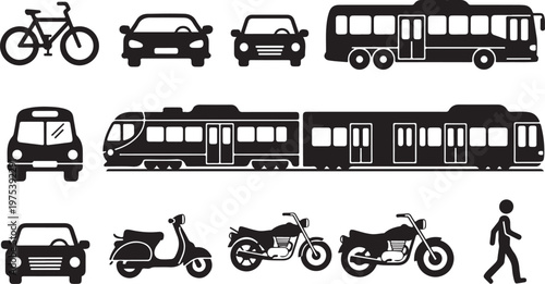 Transportation modes and vehicles in black silhouette style icons