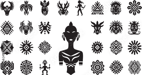 African tribal symbols and patterns illustration set in black