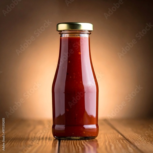 A small glass bottle filled with a thick, red sauce, on wooden table