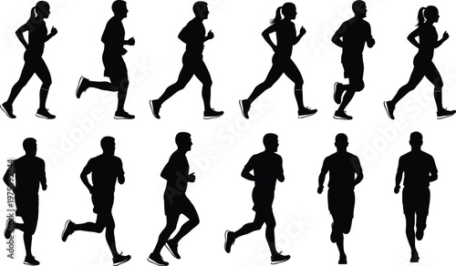 Collection of men and women running silhouettes in various jogging poses for sports fitness marathon training health and athletic designs.