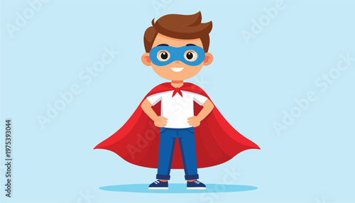 vector Cartoon Superhero Boy Standing Confidently with Red Cape and Mask