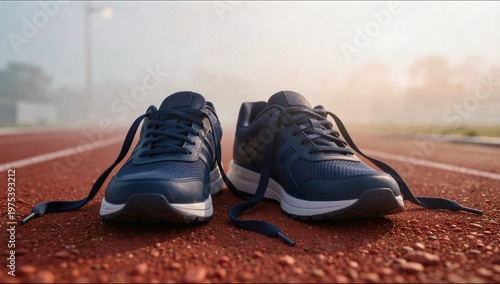 A pair of blue running shoes with untied laces sits on a red athletic track in the morning fog with soft sunlight.
