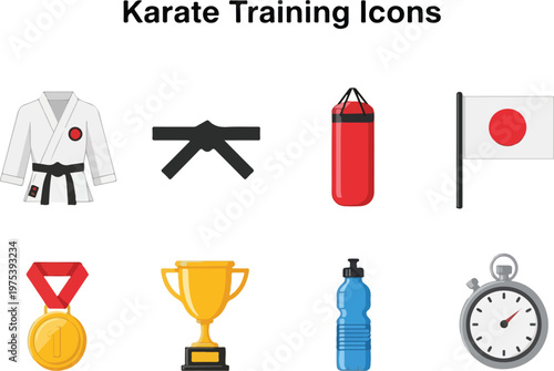 Collection of Karate Training Icons featuring a Gi, Belt, Punching Bag, Flag, Medal, Trophy, Water Bottle, and Stopwatch