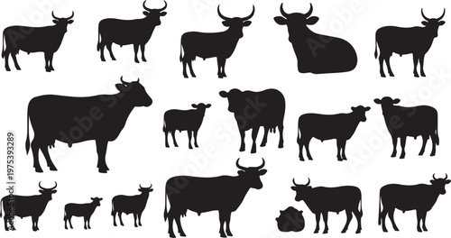 Collection of black cow silhouettes in various poses and sizes