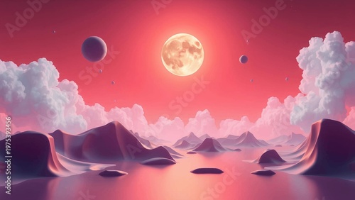 Vibrant Alien Landscape: Large Moon, Distant Planets, and Reflective Pink Waters