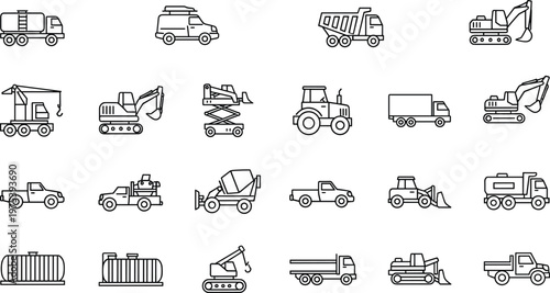 Construction, heavy, machinery, equipment, icons, set, vector, vehicle, truck, excavator, crane, tractor, bulldozer, industrial, engineering, transport, logistics, outline, minimalist, collection.