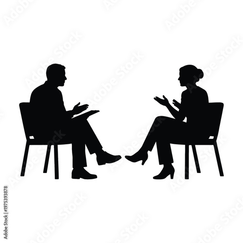 Silhouette of a man and woman sitting in chairs and having a professional conversation or interview