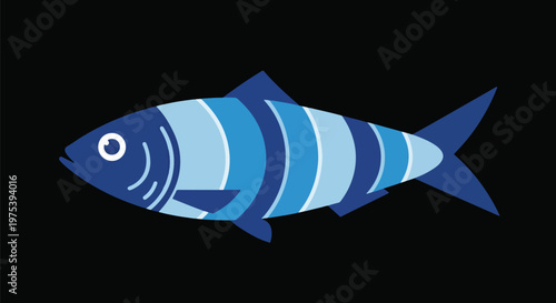 Abstract Blue Striped Fish Flat Design Illustration On Black Background