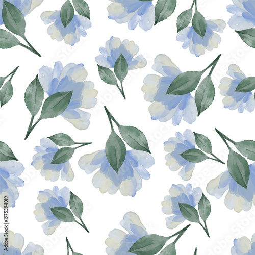 Seamless Blue Watercolor Floral Pattern with Leaves Elegant Botanical Background