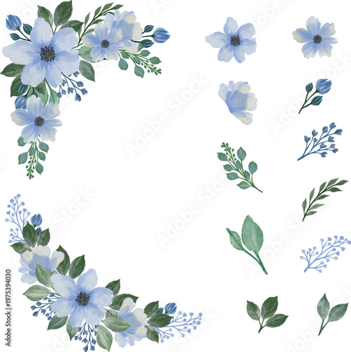 Blue Watercolor Floral Wreath and Botanical Elements Set Elegant Flower Arrangement Isolated on White