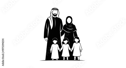 Family portrait of a traditional Middle Eastern family in monochrome.