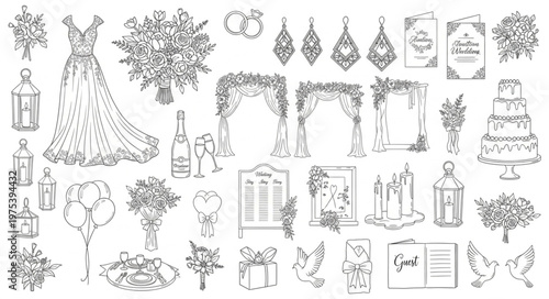 Elegant Wedding Elements Collection Hand Drawn Sketch Style.