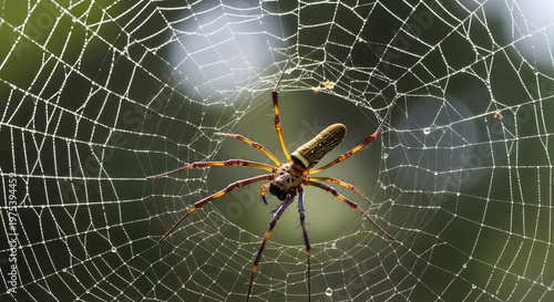 Large golden silk orb weaver spider resting in the center of its intricate web