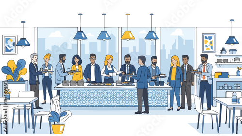 Office Lunch Break: Diverse Colleagues Enjoying Meal Together in Modern Breakroom