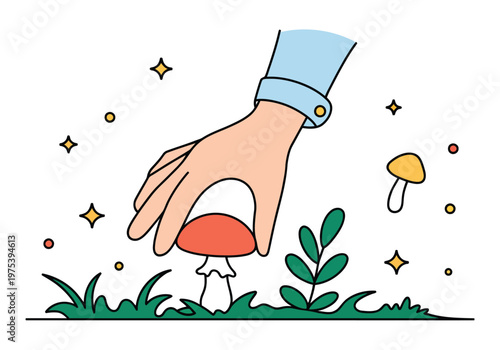 Forest mushroom foraging concept showing a single hand gently picking a mushroom from simple grass shapes, with tiny sparkle details and a clean leaf icon