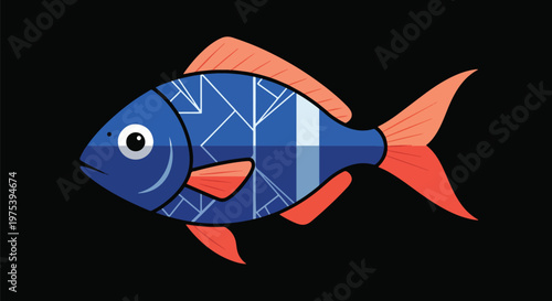 Abstract Geometric Blue Fish With Orange Fins On Black Background