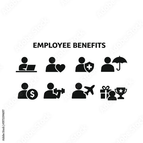 Employee benefits icon set representing work life balance health insurance and financial perks