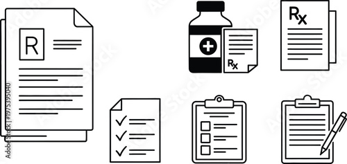 Medical Prescription Icons, Patient Health Record and Clipboard Vector Set