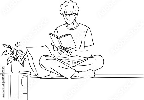 Young man sitting cross legged reading book at home, study vector
