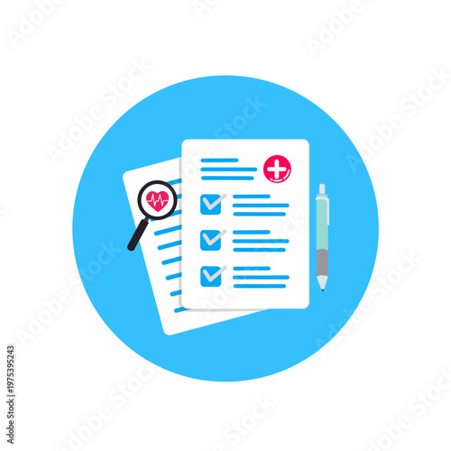 Medical Checklist Icon with Clipboard and Pen. Healthcare Document, Patient Record, To Do List Concept, Flat Design