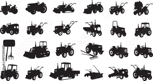 Collection of tractor silhouettes in various poses and settings