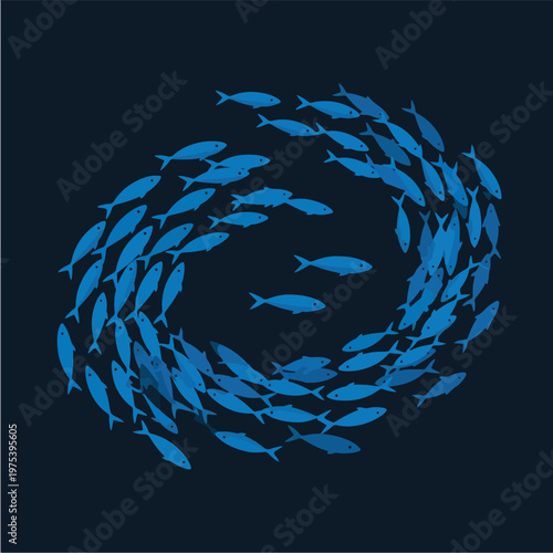 Abstract Swirl Of Blue Fish School Over Dark Background Minimal Vector