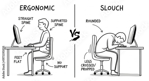 Ergonomic vs Slouch Posture Comparison Illustration.