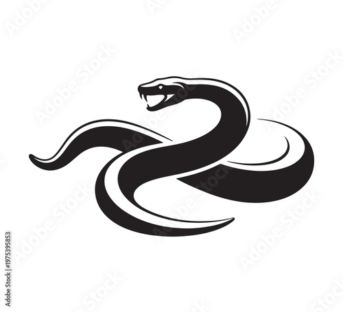 Sleek graphic of a coiled viper, fangs bared, embodying the raw concept of danger and primal strength. A powerful black and white snake emblem