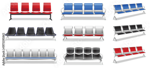 Set of public waiting area bench seats in blue and red colors, isolated on white background. Modern connected plastic chairs with metal frame commonly found in airports, hospitals, stations, terminals