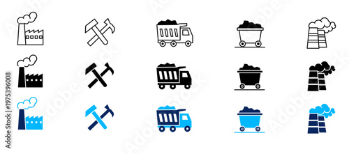 Coal Mining Icons Set: A comprehensive collection of meticulously crafted coal mining icons, including depictions of industrial plants, pickaxes, coal trucks, and coal carts.