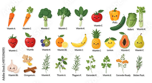 Cute cartoon fruits, vegetables, and herbs with happy faces, labeled with their respective vitamins and nutrients for a healthy diet.