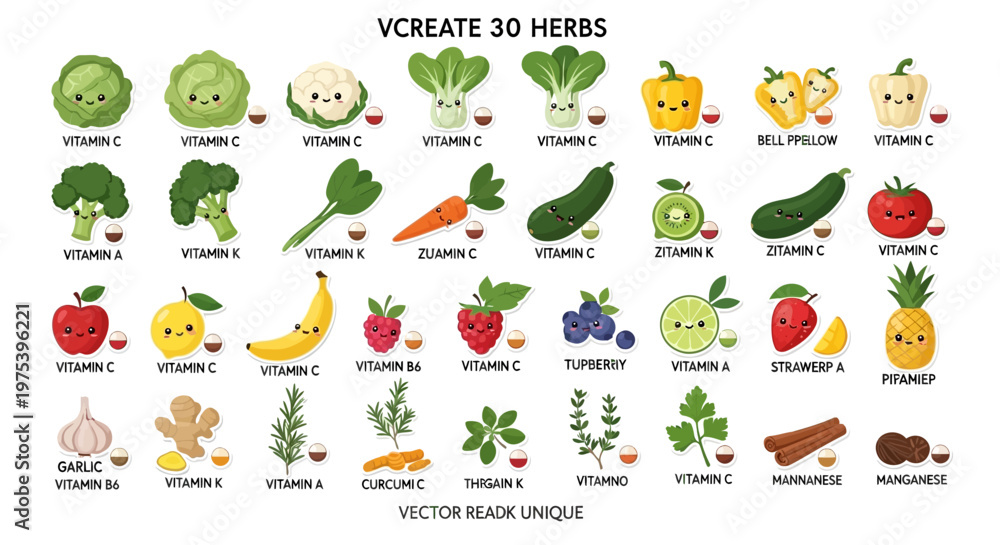 Obraz premium Cute cartoon fruits, vegetables, and herbs with vitamin labels, showcasing a variety of healthy food items.
